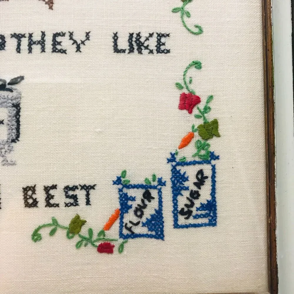 Vintage Framed Needlework Rustic Primitive Wall Decor 15 x 12 Inches